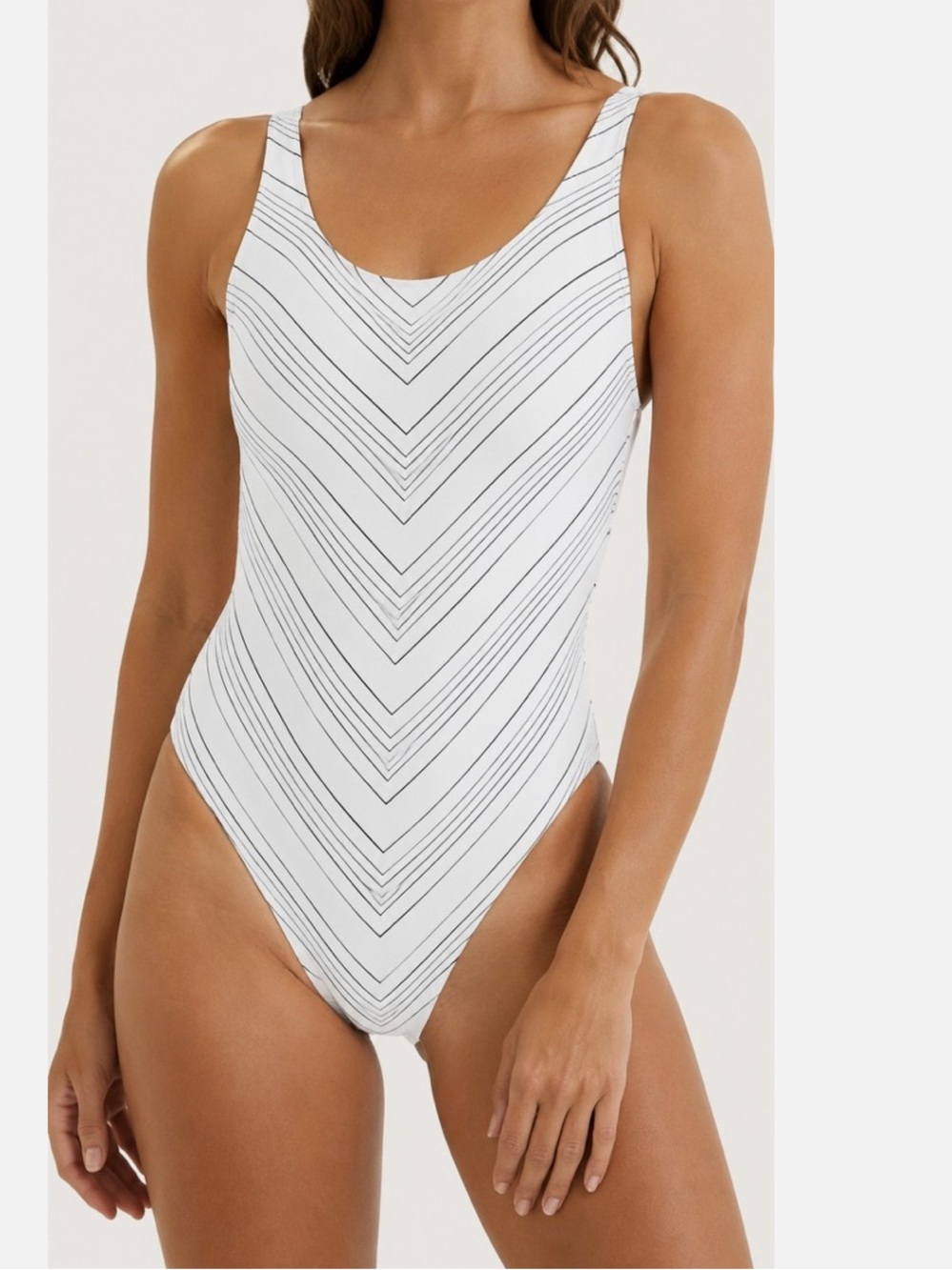 Athleta White One-Piece Swimsuit with Black Chevron Lines Size 32B/C